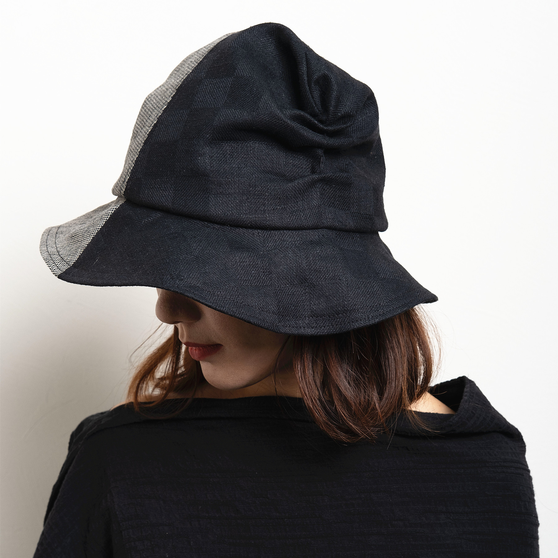 yezi od 原创复古英伦渔夫帽可调节大头围亚麻双拼色帽子艺术女帽