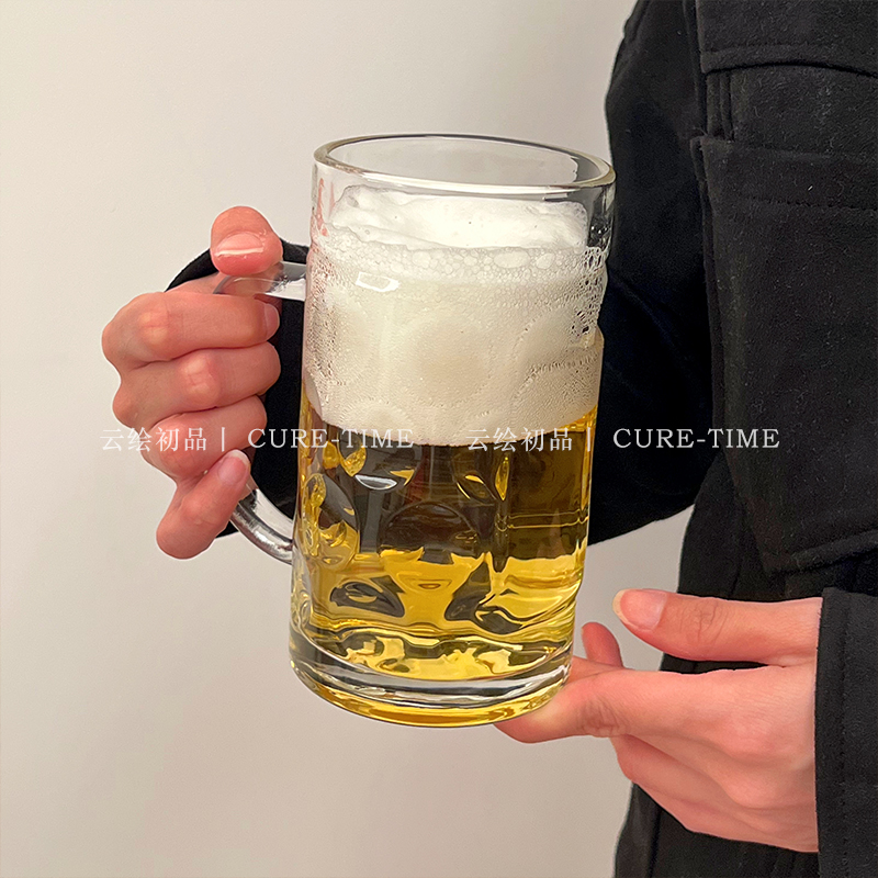 加厚扎啤杯玻璃杯超大容量带把英雄杯慕尼黑啤酒杯大号550毫升