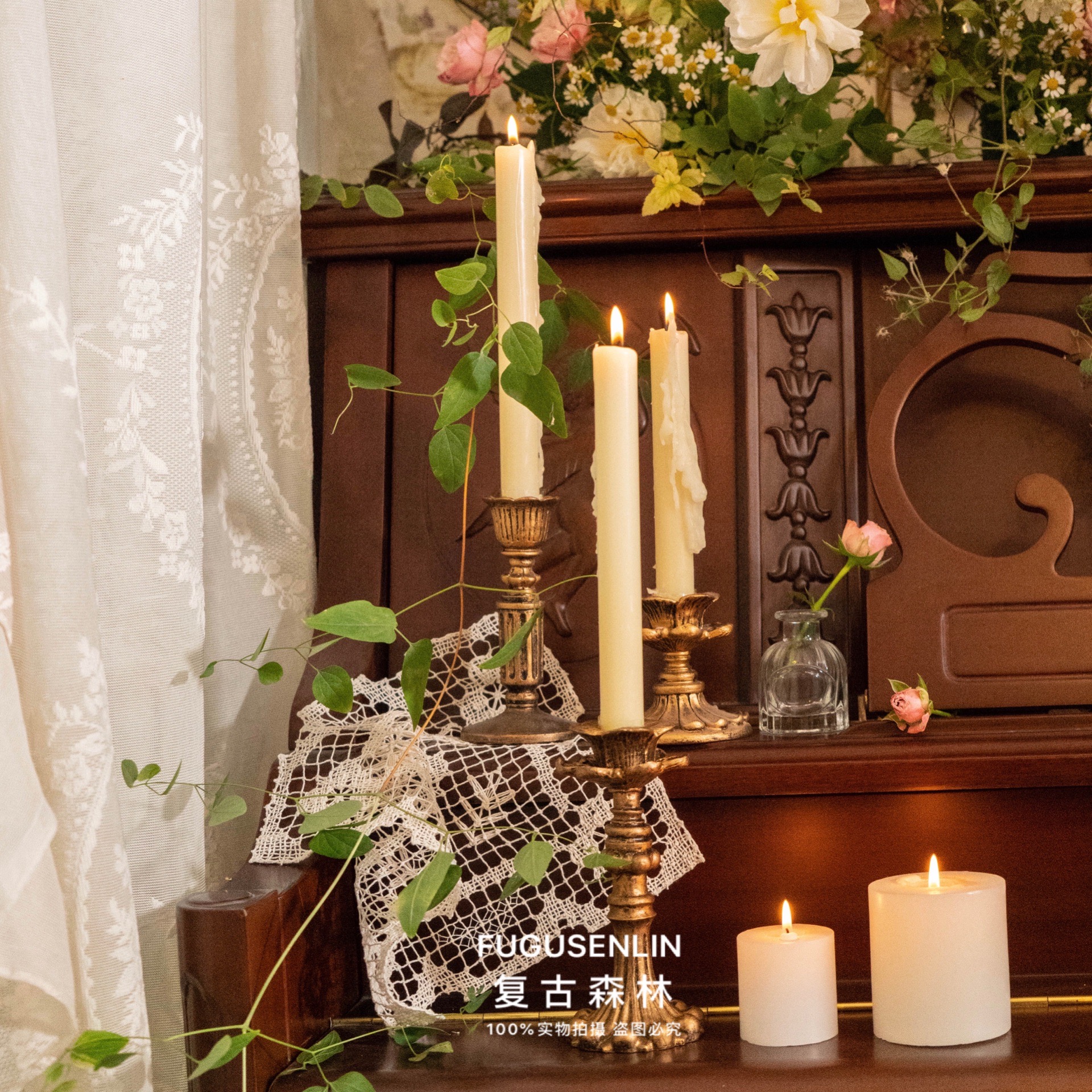 复古森林法式仿古做旧金色烛台装饰摆件礼物欧式婚礼摆台陈设道具