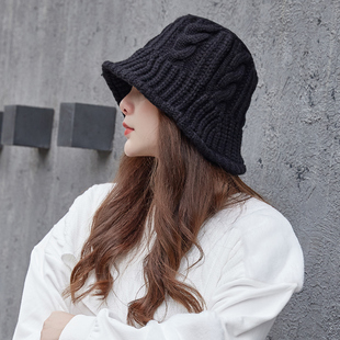 香港代购2021网红粗毛线渔夫帽女秋冬百搭针织毛线帽日系卷边盆帽