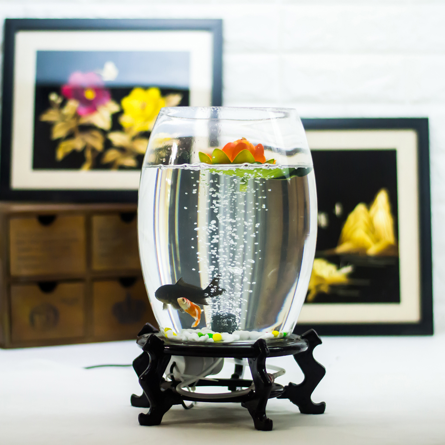 办公室小鱼缸加厚透明玻璃乌龟缸客厅家用圆形小型金鱼缸苹果形状