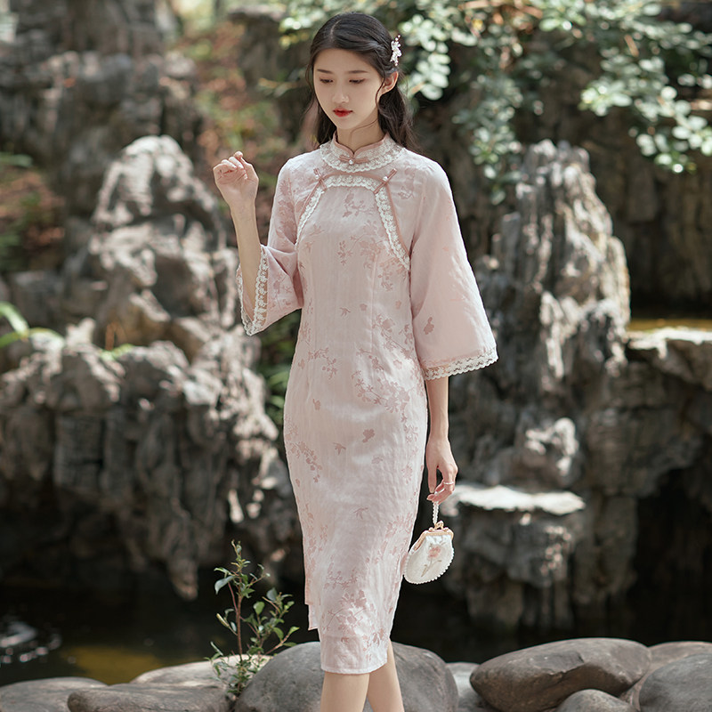 现货实拍胭脂红赏曲襟提花暗纹旗袍年轻款改良旗袍连衣裙 40