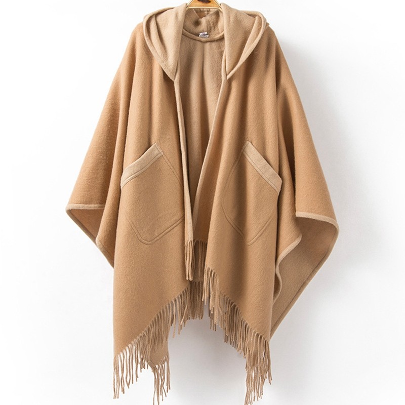 双面纯色羊毛带帽披风斗篷女秋冬加厚保暖时尚口袋围巾大披肩长款