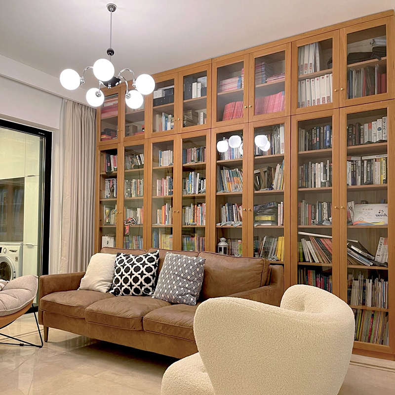 樱桃木书架定制整墙满墙书架定做玻璃置物架落地全实木书柜隔断柜