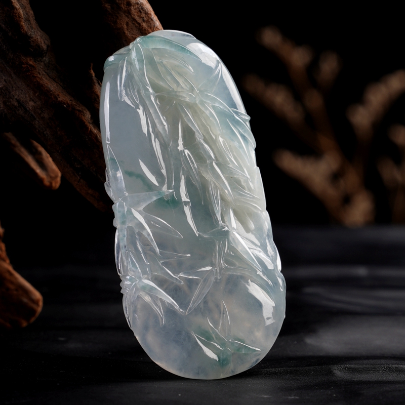 狂竹坚劲灵动珠宝冰种飘蓝花节节高竹节竹子a货翡翠挂件福利