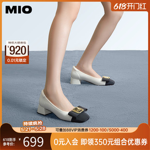 MIO米奥通勤浅口鞋方头粗跟小皮鞋字母高跟舒适单鞋女鞋低帮鞋
