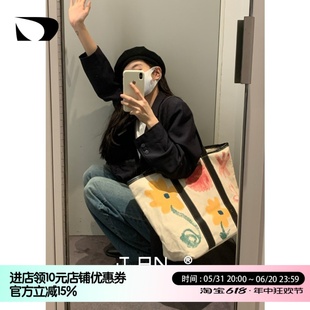 【简着】韩国单肩帆布包女ins日系花朵涂鸦大容量夏天通勤托特包