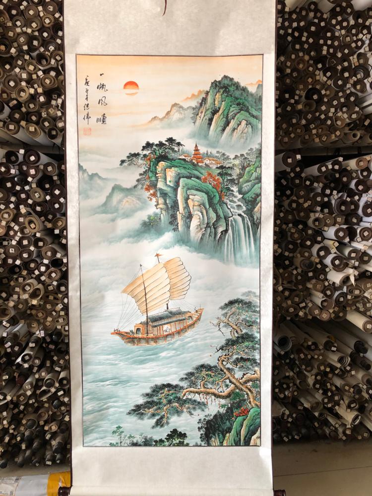 一帆风顺国画帆船来财风水字画聚宝盆客厅写意山水画办公室装饰画