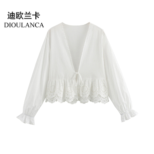 DIOULANCA 欧美风外贸女装新款时尚百搭气质刺绣长袖短款上衣衬衫