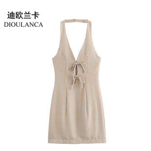 DIOULANCA 欧美风外贸女装蝴蝶结饰格纹挂脖领吊带连衣裙 2180328