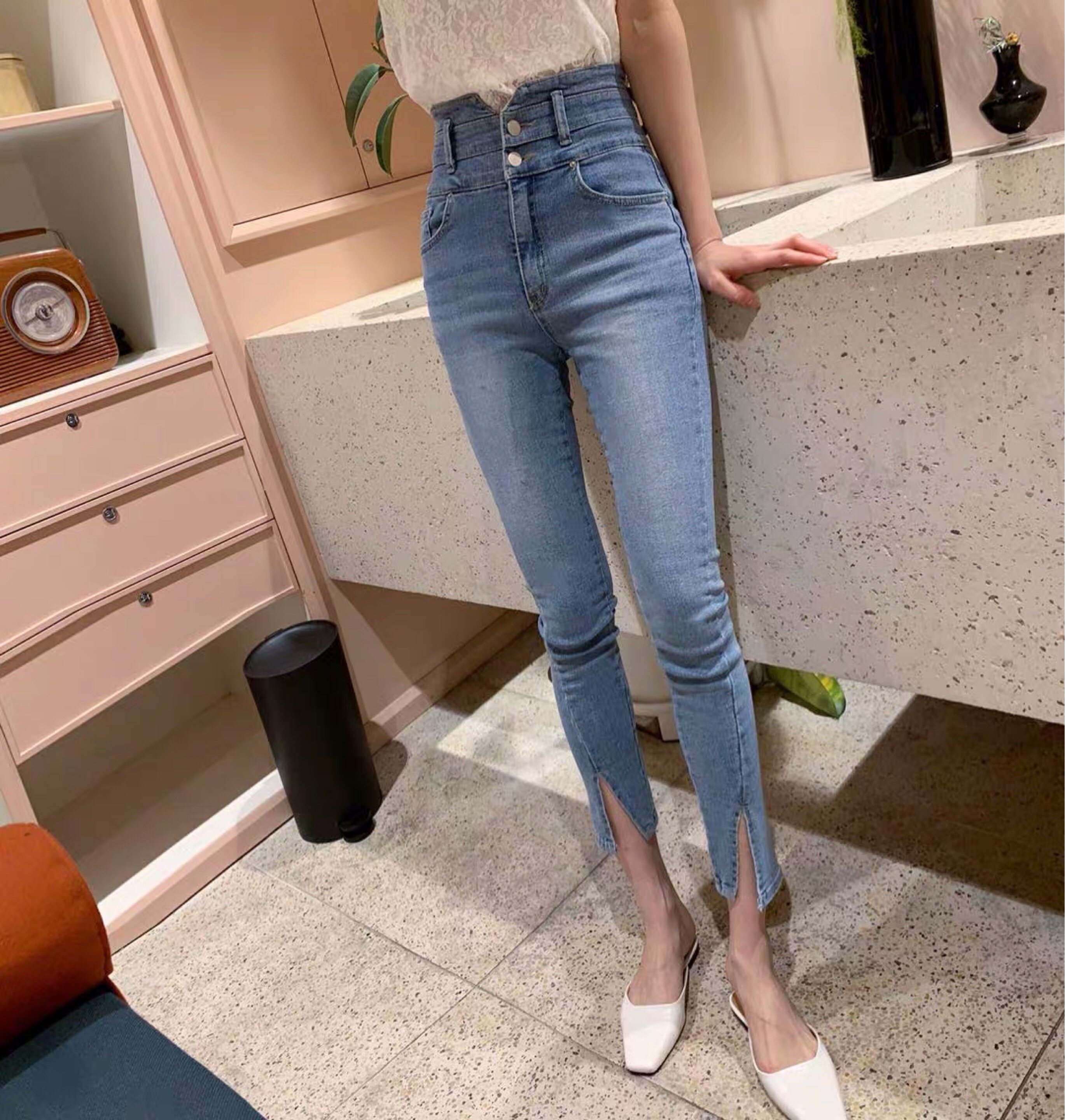 韩国东大门春新女时尚尚系高腰开叉磨白显瘦百搭牛仔裤