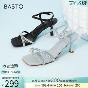 百思图夏季新款商场同款闪钻一字带细跟高跟鞋女凉鞋MB232BL3
