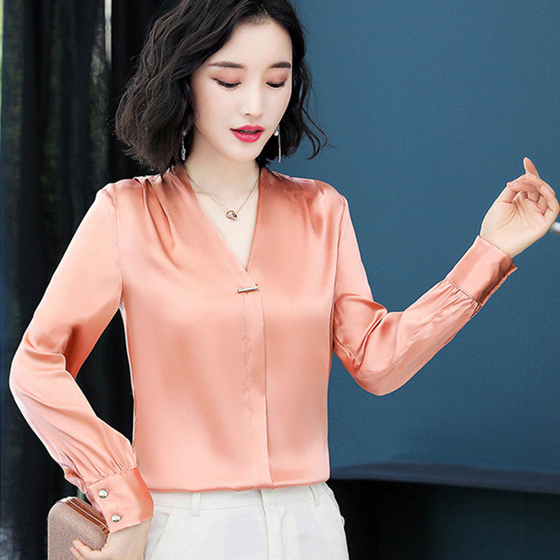 真丝v领衬衫女春季2021新款宽松洋气杭州桑蚕丝白色长袖职业上衣