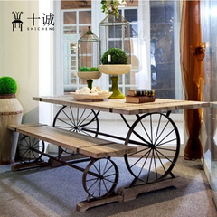 北欧 美式乡村 复古实木餐桌椅组合 做旧铁艺餐桌 轮子餐桌椅造型