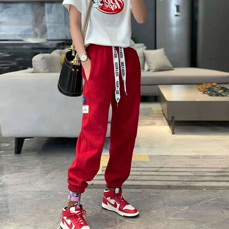 欧货红色加绒卫裤女2021新款时尚秋冬宽松束脚加厚休闲哈伦运动裤