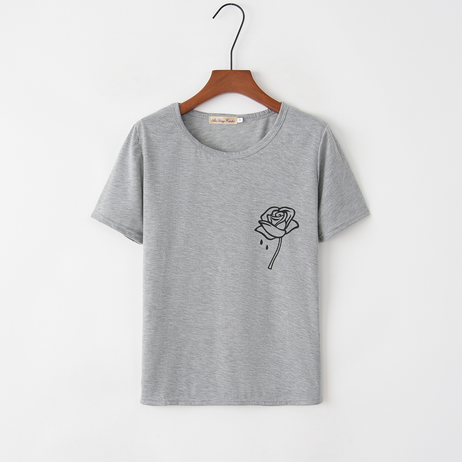 速卖通亚马逊2018新款女装t恤玫瑰花图案印花圆领短袖t恤