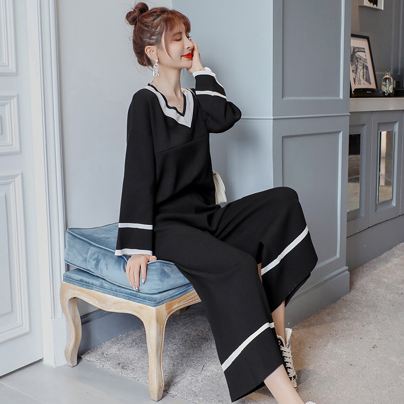 实拍小视频洋气针织时尚孕妇套装女V领休闲阔腿裤哺乳毛衣两件套