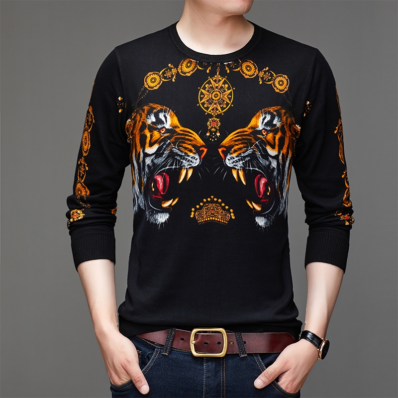 长袖纯棉t恤男士秋冬个性古惑仔花金虎头针织衫双老虎打底上衣服