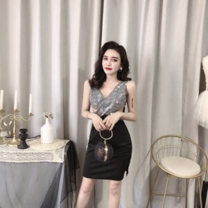 Real shooting of new sexy bead stitching deep V-neck waist hollowed out slim wrap hip dress dress