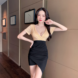 Real shooting sexy low chest irregular bag hip slit dress