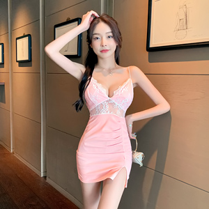 Lace stitched hollow out tight suspender Hip Wrap Dress