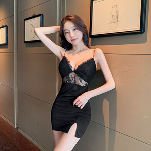 Lace stitched hollow out tight suspender Hip Wrap Dress