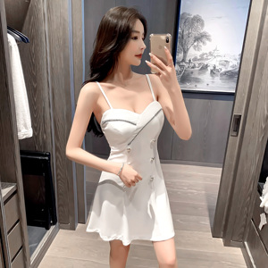 Real shot sexy low cut button decorative suspender dress