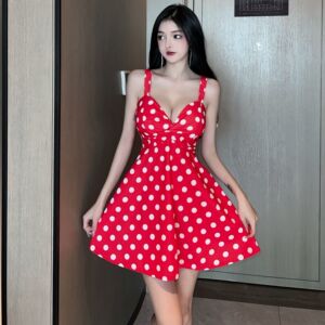 Real shooting sexy wave dot printing high elastic cotton suspender skirt