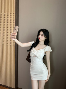 Real shooting sexy lace stitching hollow out short sleeve tight Hip Wrap Dress