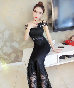 New sexy one line collar lace slim fitting fishtail Hand Beaded Evening Dress Dress