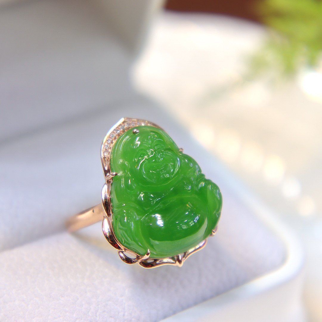 双十一新品和田玉弥勒佛指环苹果绿碧玉笑佛镶18k金戒指送妈妈礼