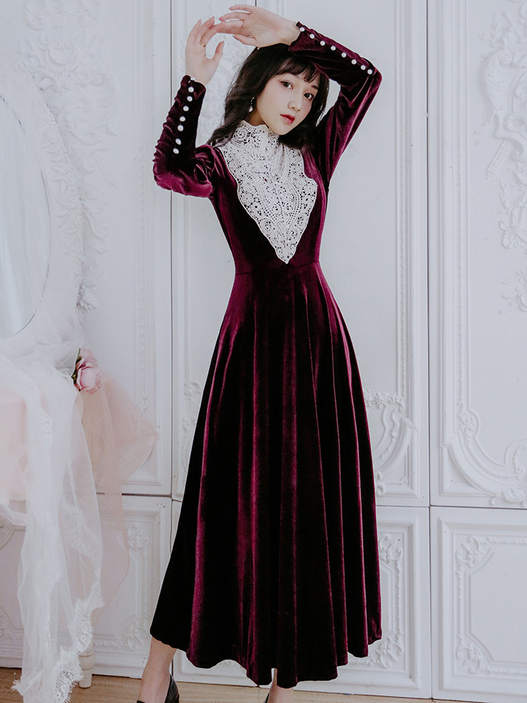 法式复古宫廷丝绒连衣裙女春秋气质收腰显瘦长款宴会年会礼服裙子