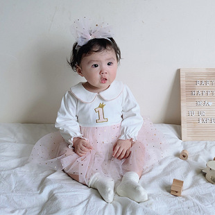 婴童装2022春新款女宝宝公主爬服新生婴儿满月周岁礼服发带包屁裙