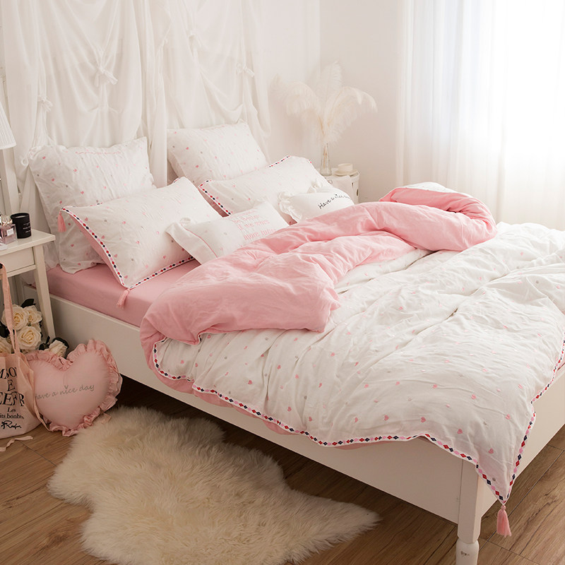 ins少女心网红双层纱布全棉公主风床上四件套纯棉床单被套粉色_5折