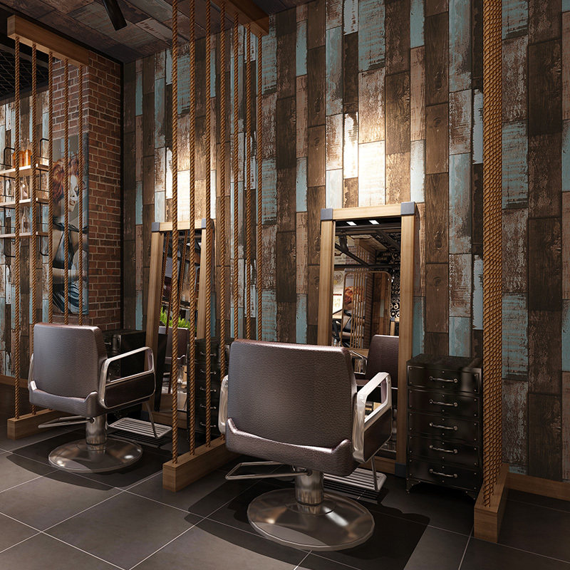 工业风复古怀旧木纹墙纸时尚发廊理发室装修美发店专用防水壁纸3d