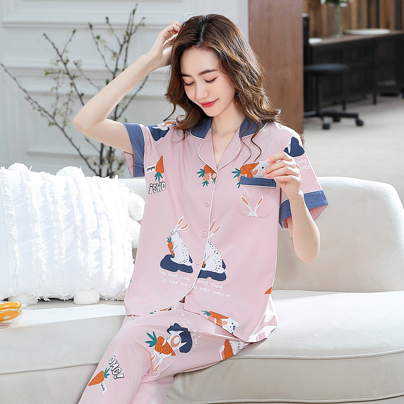 艾莱美睡衣女夏季短袖纯棉薄韩版甜美可爱风经典开衫宽松全棉套装