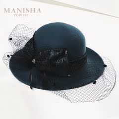 MANISHA新品纯羊毛呢帽子 优雅蝴蝶结时装帽女士网纱宴会大檐礼帽