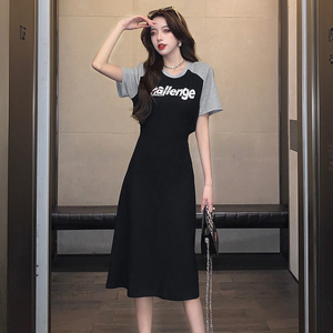 Korean version color blocking open waist T-shirt dress