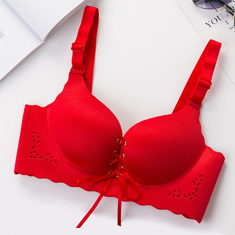 收副乳_无痕无钢圈女士内衣大红色文胸结婚新娘聚拢上托收副乳胸罩本