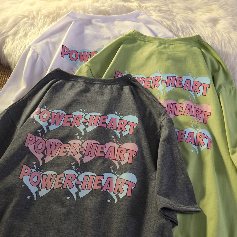 实拍  6535棉 日系爱心字母印花白色短袖t恤男女2021年新款