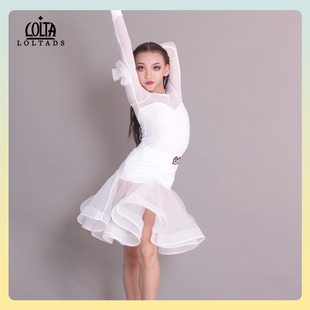 洛利塔儿童拉丁舞演出服白色女童舞蹈练功服少儿表演舞蹈练习服