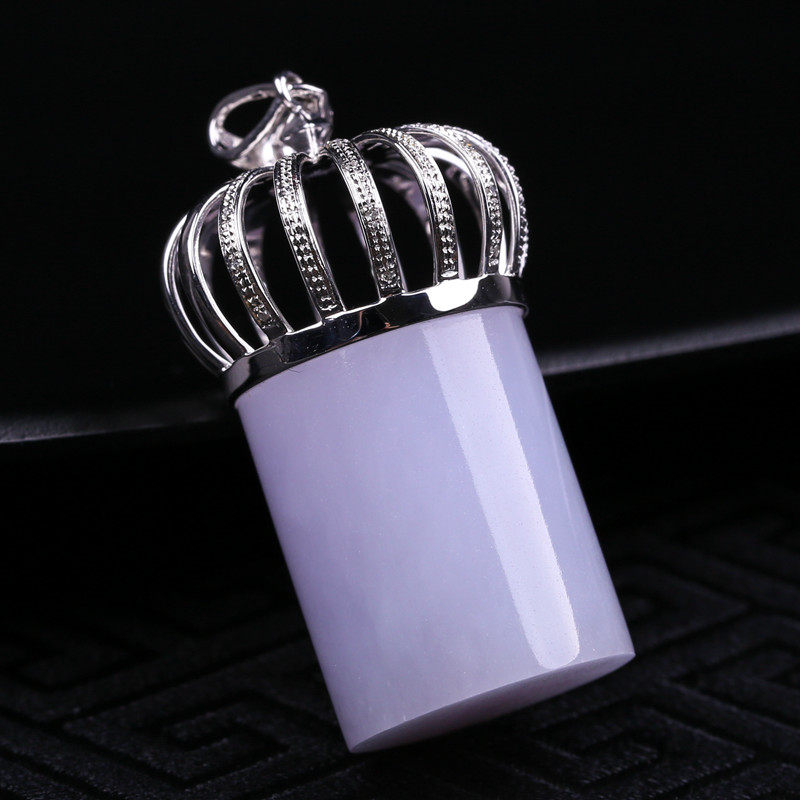 18k金镶钻冰糯种淡紫罗兰a货翡翠好种圆条平安柱吊坠 24.56克