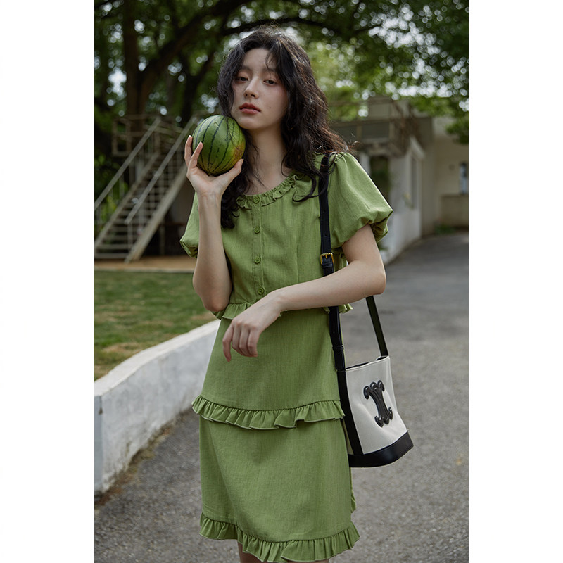 夕蒙2022新款夏季小个子气质a字设计感小众绿色法式连衣女蛋糕裙