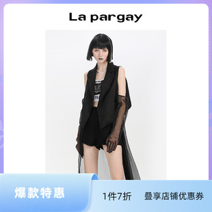 Lapargay纳帕佳2023新款女装黑色上衣个性时尚休闲无袖可拆卸马甲