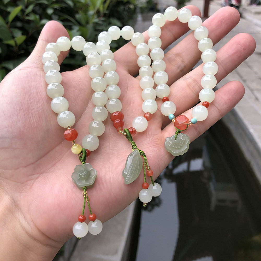 和田玉手链青海料晴水色珠子串玉米莲蓬花平安锁长命锁配饰羊脂白