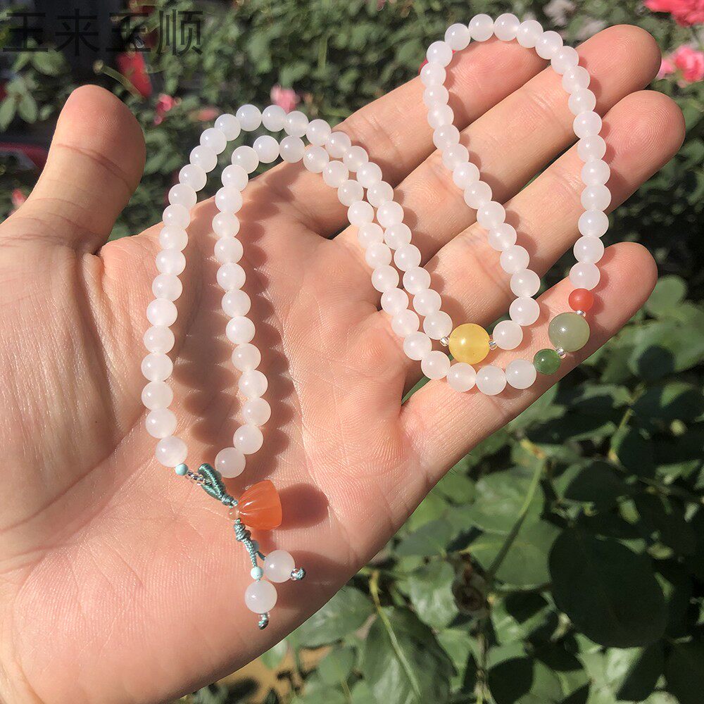 和田玉手链三圈多羊脂白玉珠子串青海料南红莲蓬蜜蜡青玉碧玉手工