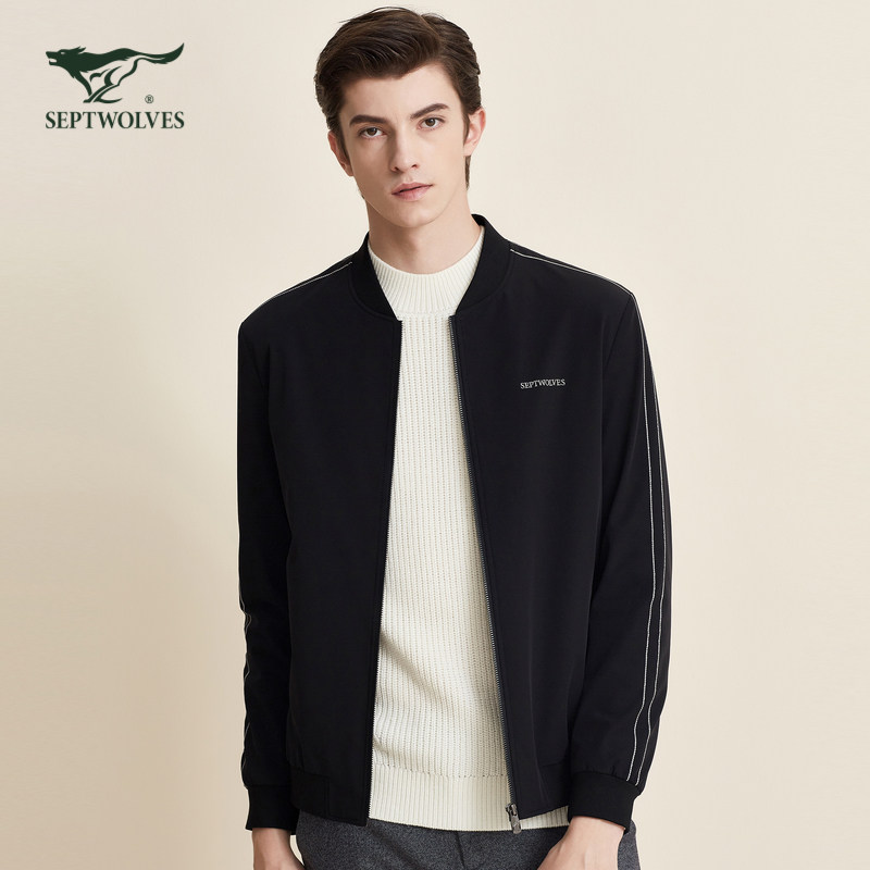 七匹狼男装短款茄夹克男士青年黑色秋冬季休闲保暖外套正品包邮