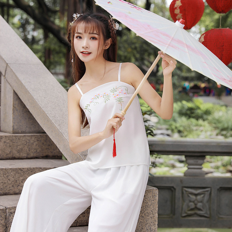 88661#实拍2019中国风绣花百搭抹胸吊带松紧腰雪纺唐装阔腿裤套装