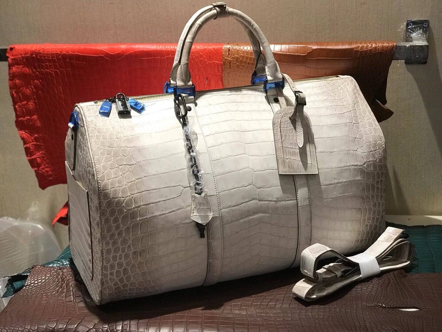 进口尼罗喜马拉雅白色鳄鱼皮行李袋肚皮男士手提大容量旅行包走秀