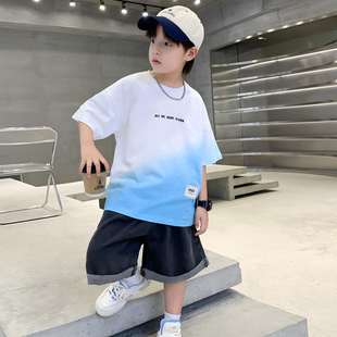 男童韩版短袖套装夏季2024新款炸街中大童渐变T恤两件套儿童装潮
